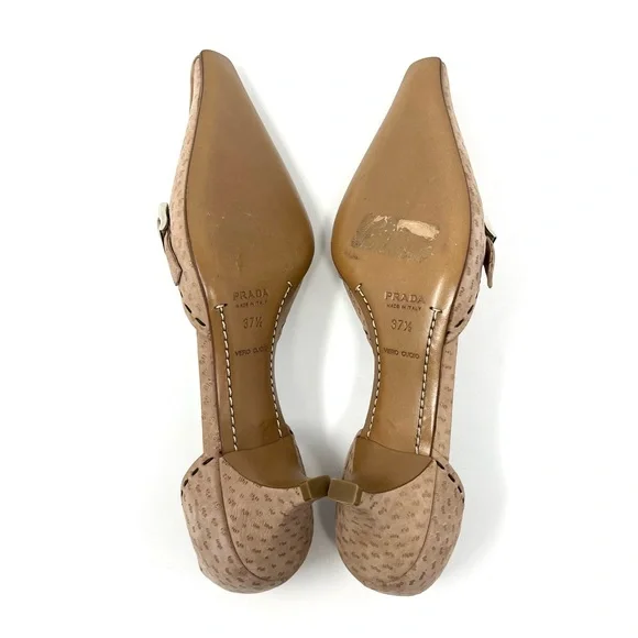 Vintage Prada 90s Y2K Ostrich Tan Brown Buckle Kitten Heels Pumps Shoes 37.5 7.5